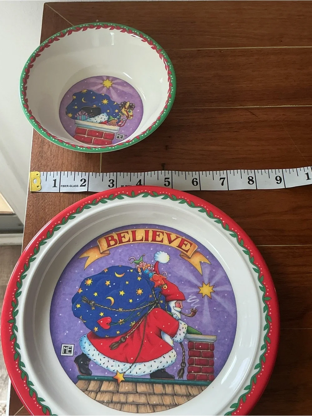 Mary Engelbreit Red and Green 'Believe' Santa Plate and Bowl Set